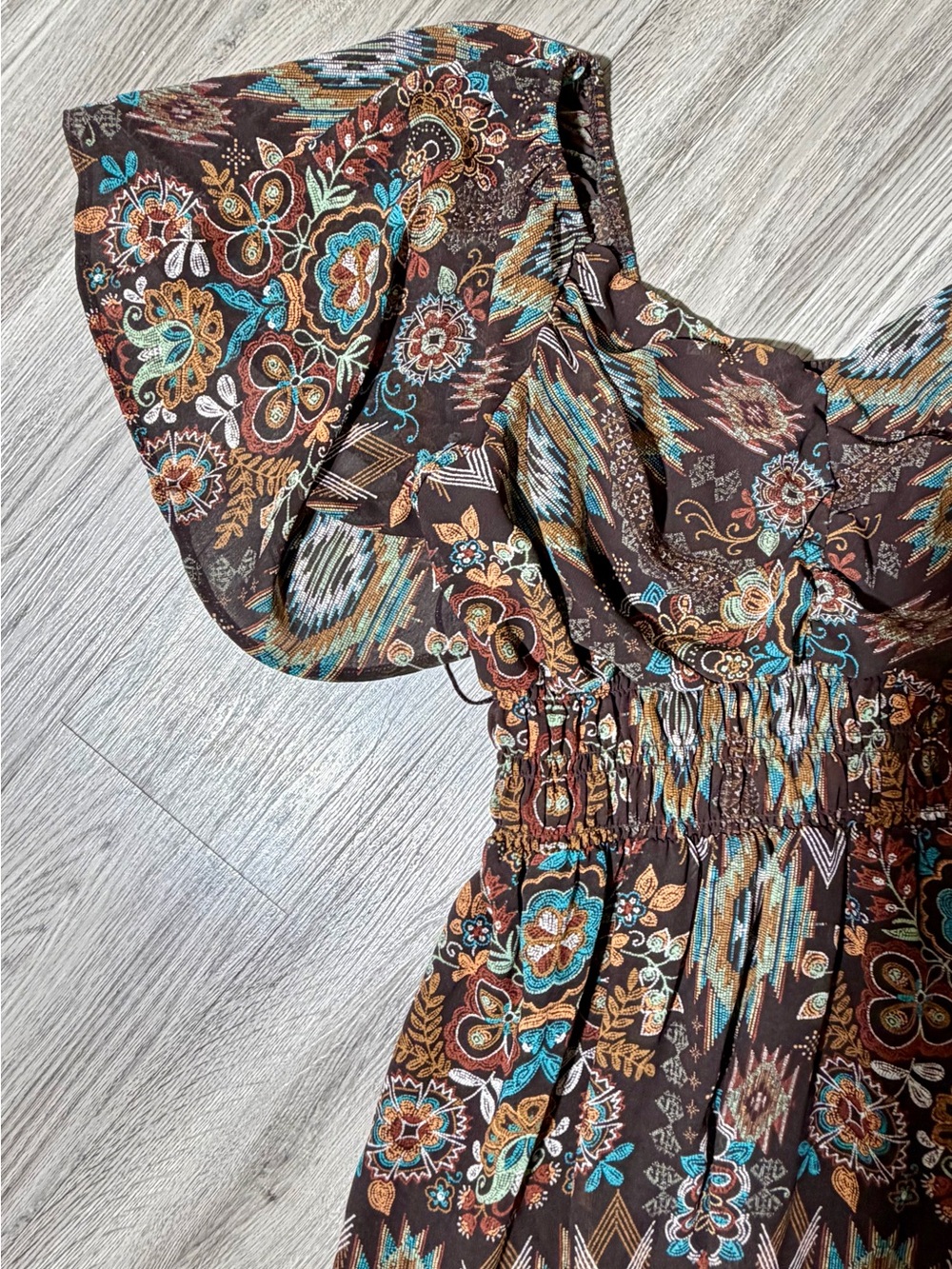 Shyanne Brown Floral Boho Mini Dress with Teal & Rust Accents - Picture 4 of 9
